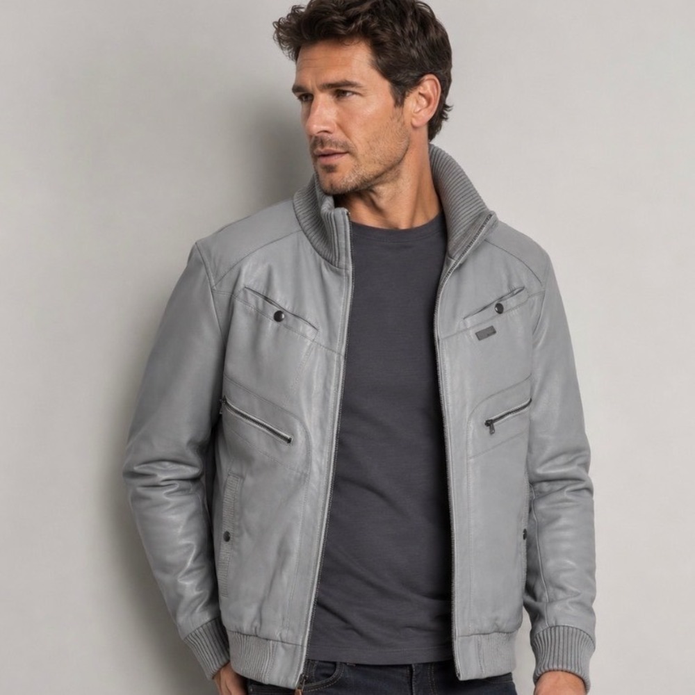Lifetime Collective Mens Grey Genuine Leather Bomber Moto Jacket Small